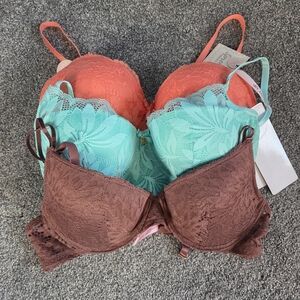 Daisy Fuentes Lace Bra Set - Coral, Aqua, and Brown